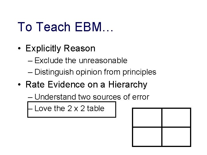 To Teach EBM… • Explicitly Reason – Exclude the unreasonable – Distinguish opinion from