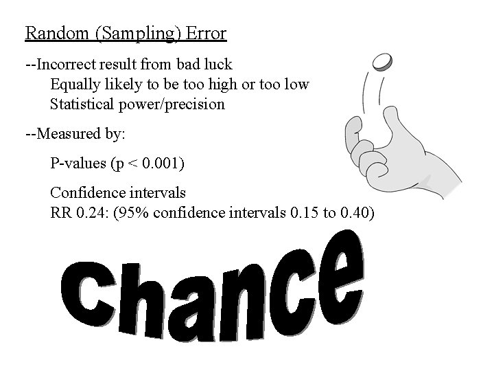 Random (Sampling) Error --Incorrect result from bad luck Equally likely to be too high