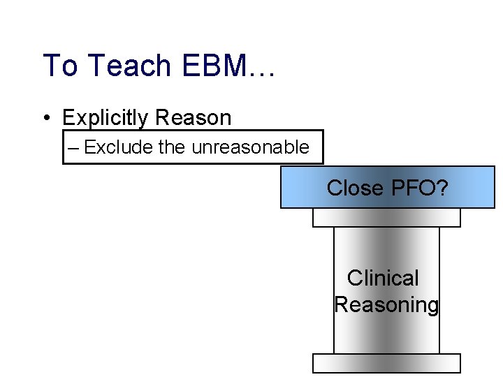 To Teach EBM… • Explicitly Reason – Exclude the unreasonable Close PFO? Clinical Reasoning