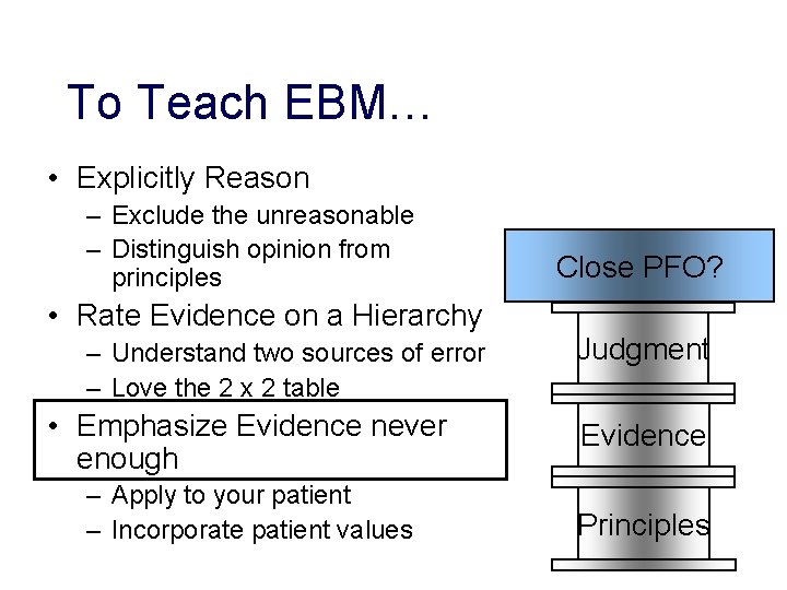 To Teach EBM… • Explicitly Reason – Exclude the unreasonable – Distinguish opinion from