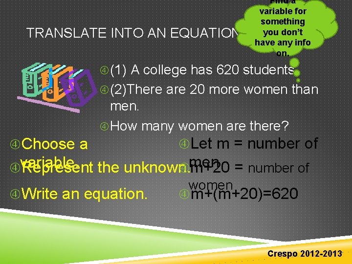 TRANSLATE INTO AN EQUATION Find a variable for something you don’t have any info TRANSLATE INTO AN EQUATION Find a variable for something you don’t have any info