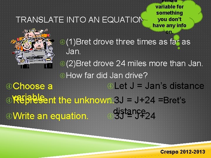 TRANSLATE INTO AN EQUATION Find a variable for something you don’t have any info TRANSLATE INTO AN EQUATION Find a variable for something you don’t have any info