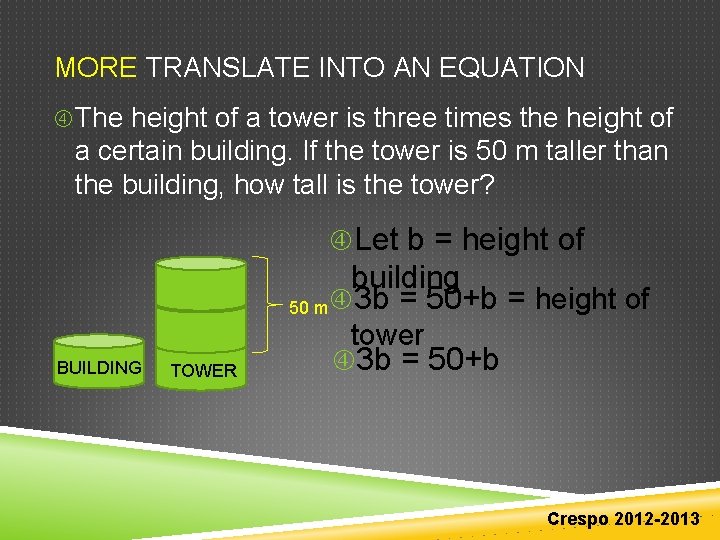 MORE TRANSLATE INTO AN EQUATION The height of a tower is three times the MORE TRANSLATE INTO AN EQUATION The height of a tower is three times the