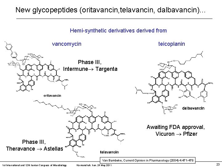 New glycopeptides (oritavancin, telavancin, dalbavancin)… Hemi-synthetic derivatives derived from vancomycin teicoplanin Phase III, Intermune