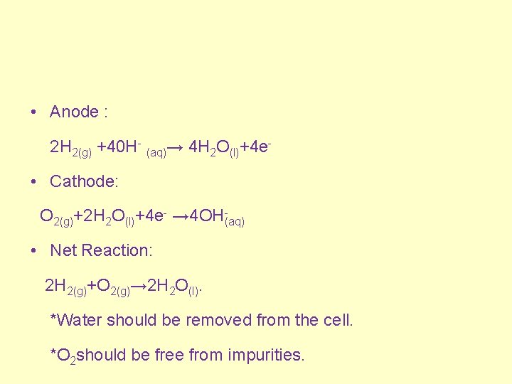  • Anode : 2 H 2(g) +40 H (aq)→ 4 H 2 O(l)+4