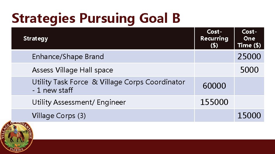 Strategies Pursuing Goal B Strategy Cost- Recurring ($) 25000 Enhance/Shape Brand 5000 Assess Village