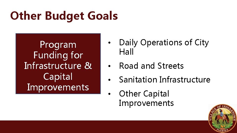 Other Budget Goals Program Funding for Infrastructure & Capital Improvements • Daily Operations of