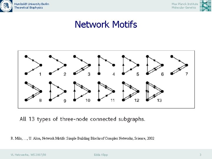 Humboldt University Berlin Theoretical Biophysics Max Planck Institute Molecular Genetics Network Motifs R. Milo,