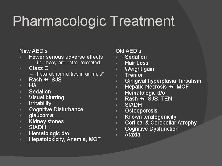 Pharmacologic Treatment New AED’s • Fewer serious adverse effects – i. e. many are