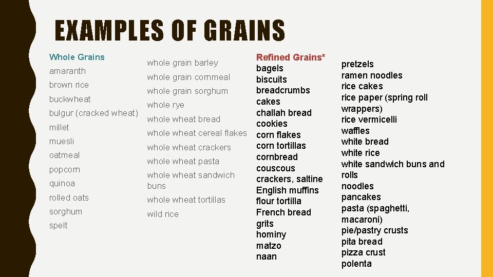 EXAMPLES OF GRAINS Whole Grains amaranth brown rice buckwheat bulgur (cracked wheat) millet muesli