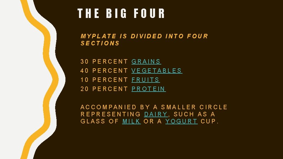 THE BIG FOUR MYPLATE IS DIVIDED INTO FOUR SECTIONS 30 PERCENT GRAINS 40 PERCENT