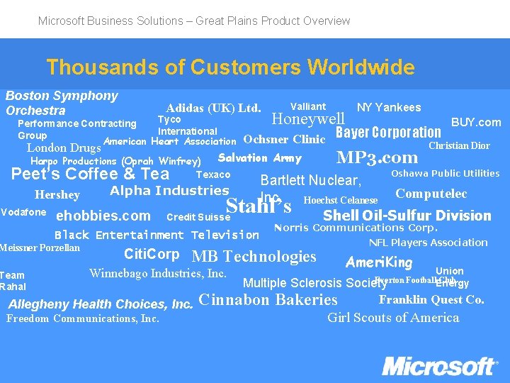 Microsoft Business Solutions – Great Plains Product Overview Thousands of Customers Worldwide Boston Symphony