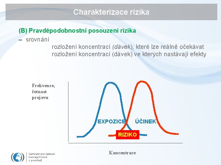 Charakterizace rizika (B) Pravděpodobnostní posouzení rizika – srovnání rozložení koncentrací (dávek), které lze reálně