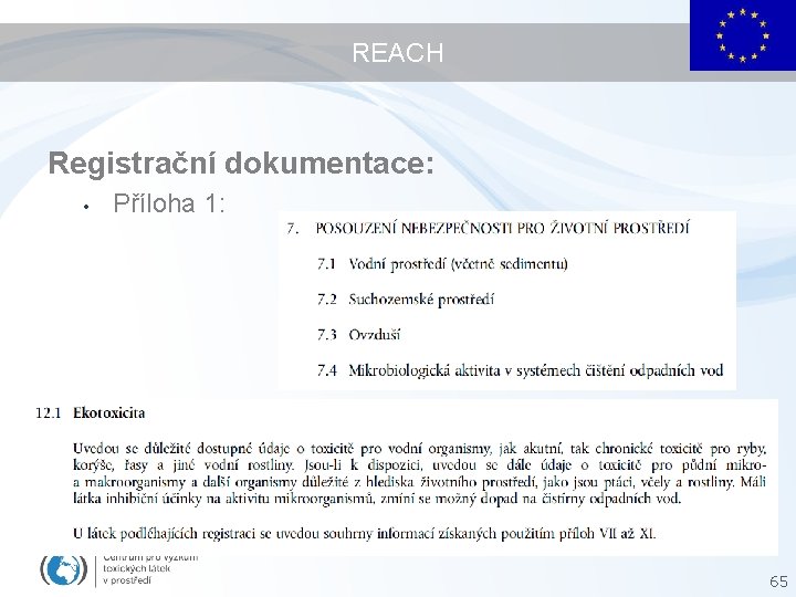 REACH Registrační dokumentace: • Příloha 1: • Příloha 2: 65 