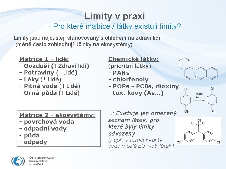 Limity v praxi - Pro které matrice / látky existují limity? Limity jsou nejčastěji