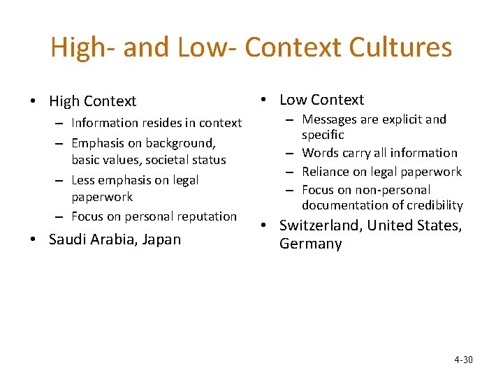 High- and Low- Context Cultures • High Context – Information resides in context –