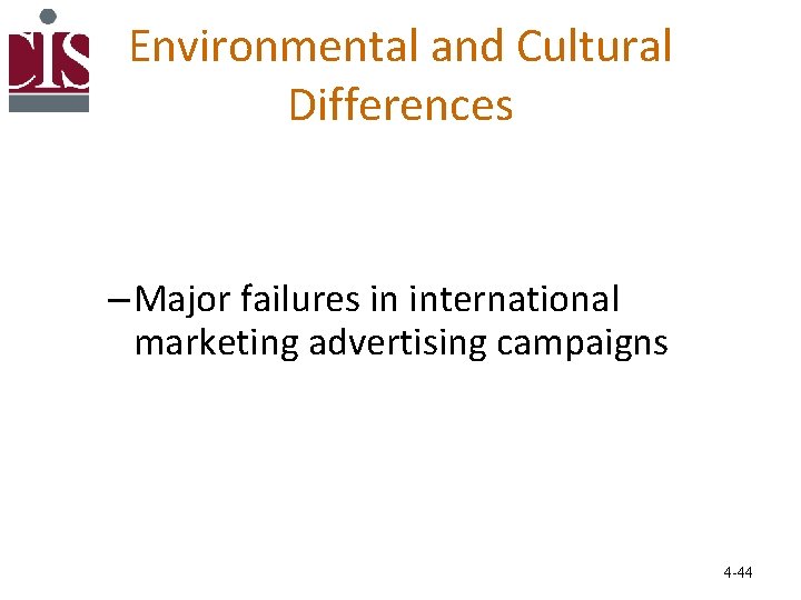 Environmental and Cultural Differences – Major failures in international marketing advertising campaigns 4 -44