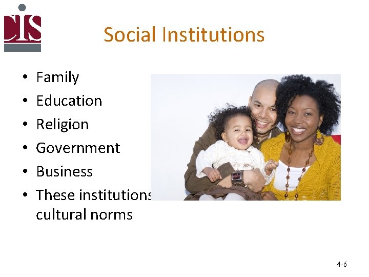 Social Institutions • • • Family Education Religion Government Business These institutions function to