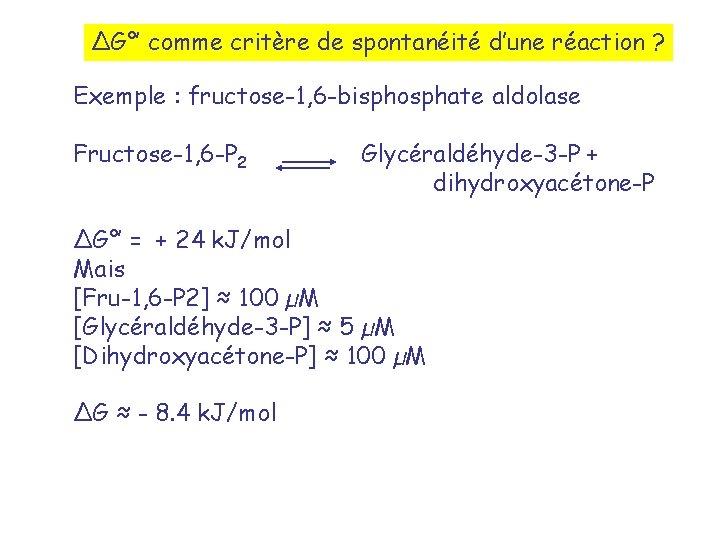 ∆G°’ comme critère de spontanéité d’une réaction ? Exemple : fructose-1, 6 -bisphosphate aldolase