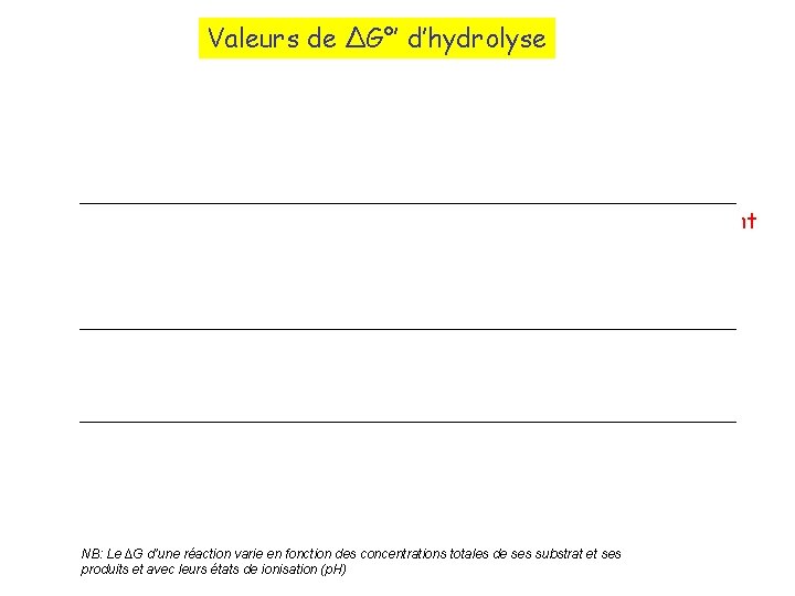 Valeurs de ∆G°’ d’hydrolyse Métabolite Phosphoénolpyruvate 1, 3 -bisphoglycérate Acétylphosphate Phosphocréatine ∆G°’ hydr kcal/mol