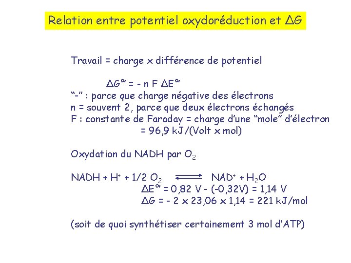 Relation entre potentiel oxydoréduction et ∆G Travail = charge x différence de potentiel ∆G°’