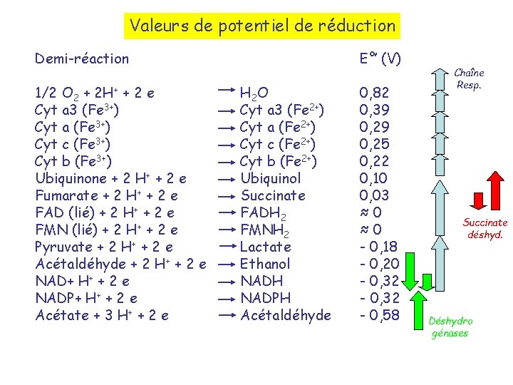 Valeurs de potentiel de réduction Demi-réaction 1/2 O 2 + 2 H+ + 2