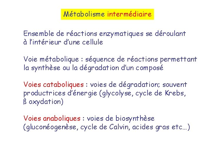 Métabolisme intermédiaire Ensemble de réactions enzymatiques se déroulant à l’intérieur d’une cellule Voie métabolique