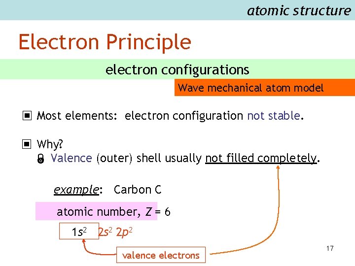 atomic structure Electron Principle electron configurations Wave mechanical atom model ▣ Most elements: electron