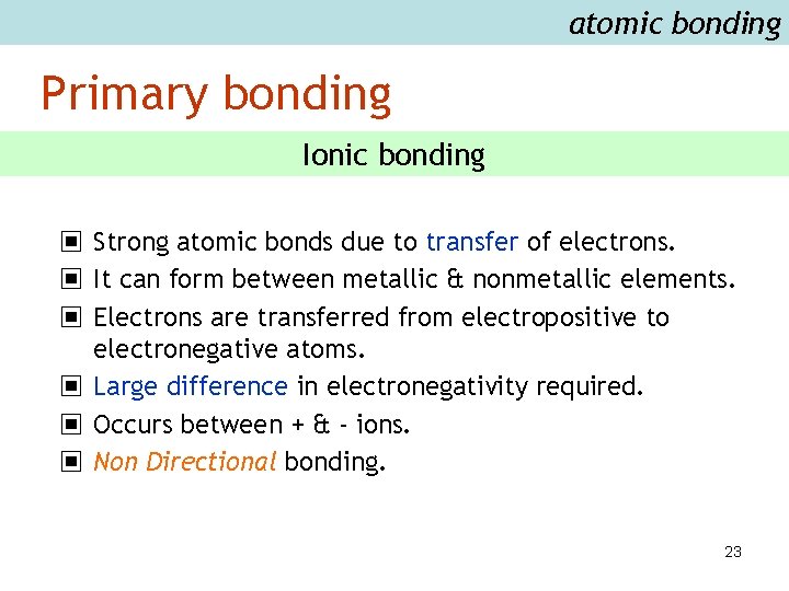 atomic bonding Primary bonding Ionic bonding ▣ Strong atomic bonds due to transfer of
