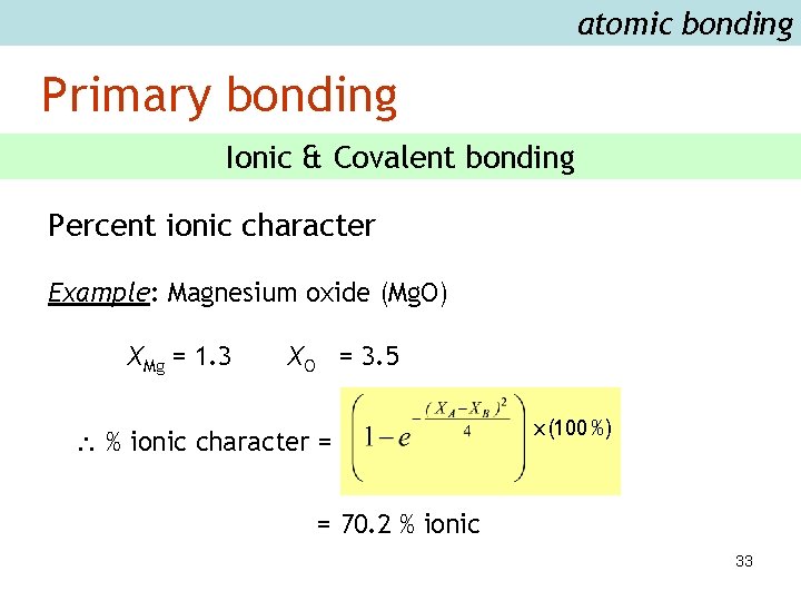atomic bonding Primary bonding Ionic & Covalent bonding Percent ionic character Example: Magnesium oxide