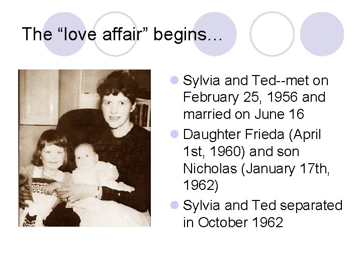 The “love affair” begins… l Sylvia and Ted--met on February 25, 1956 and married