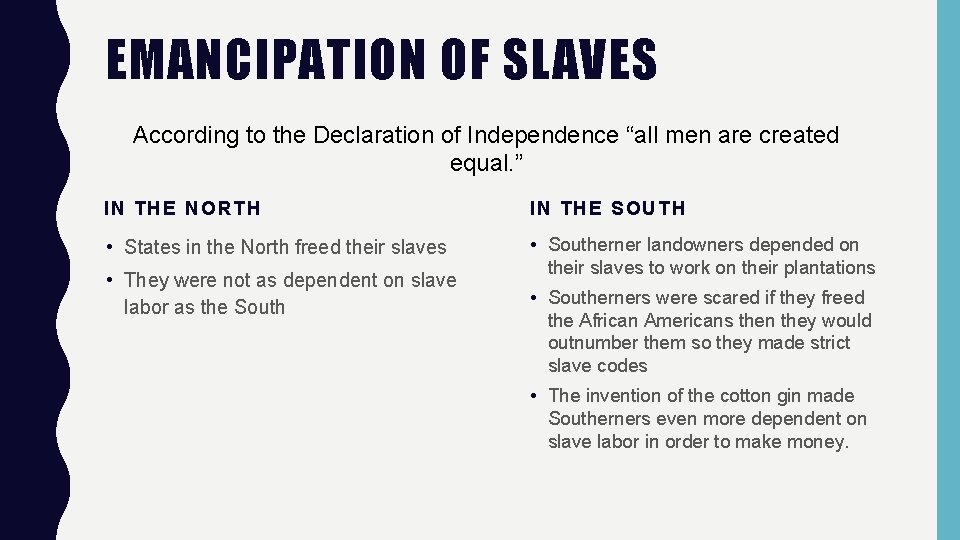 EMANCIPATION OF SLAVES According to the Declaration of Independence “all men are created equal.