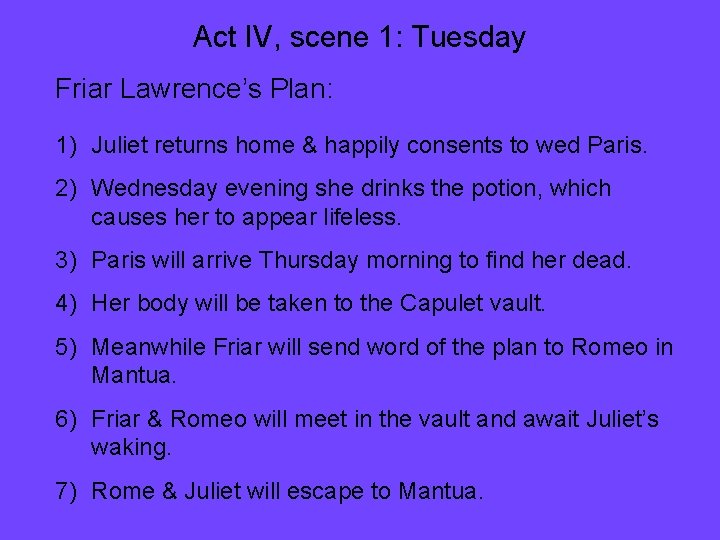 Act IV, scene 1: Tuesday Friar Lawrence’s Plan: 1) Juliet returns home & happily