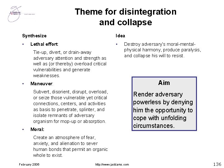 Theme for disintegration and collapse Synthesize Idea • • Lethal effort: Tie-up, divert, or