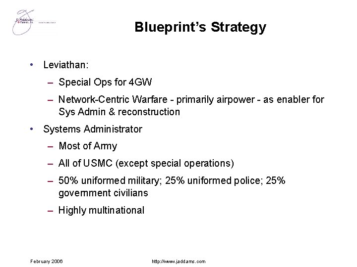 Blueprint’s Strategy • Leviathan: – Special Ops for 4 GW – Network-Centric Warfare -