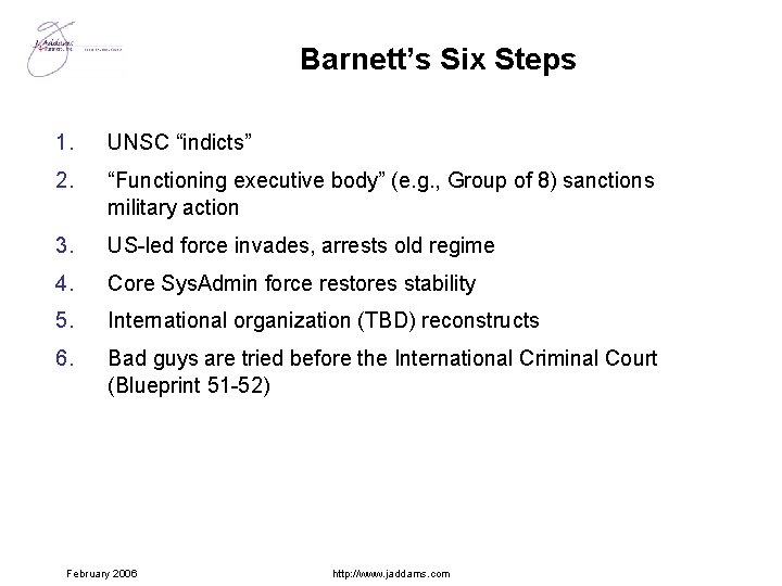 Barnett’s Six Steps 1. UNSC “indicts” 2. “Functioning executive body” (e. g. , Group