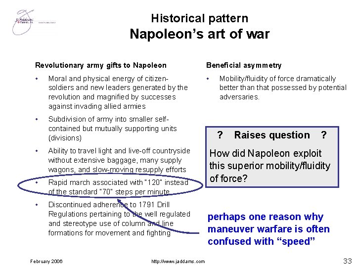Historical pattern Napoleon’s art of war Revolutionary army gifts to Napoleon Beneficial asymmetry •