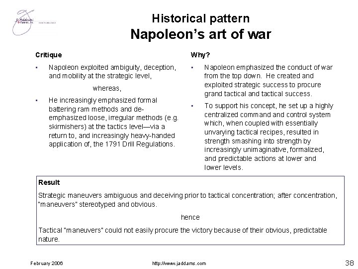 Historical pattern Napoleon’s art of war Critique Why? • • Napoleon emphasized the conduct