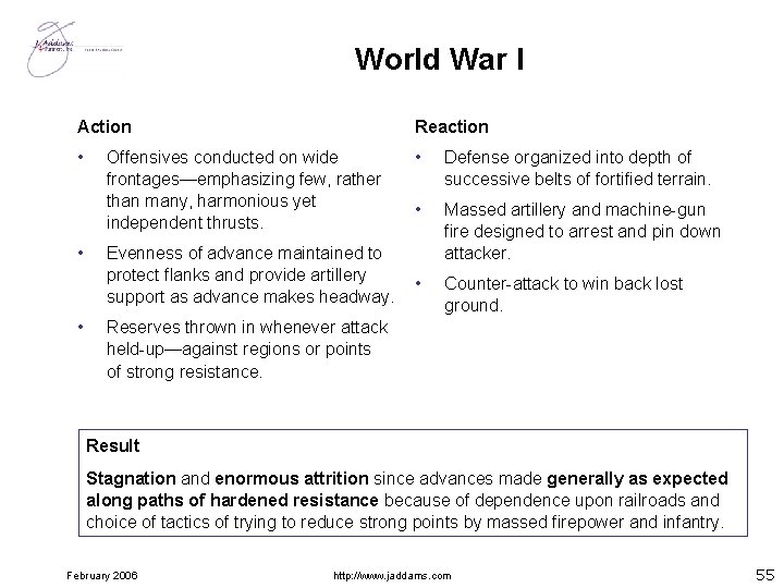 World War I Action Reaction • • Defense organized into depth of successive belts