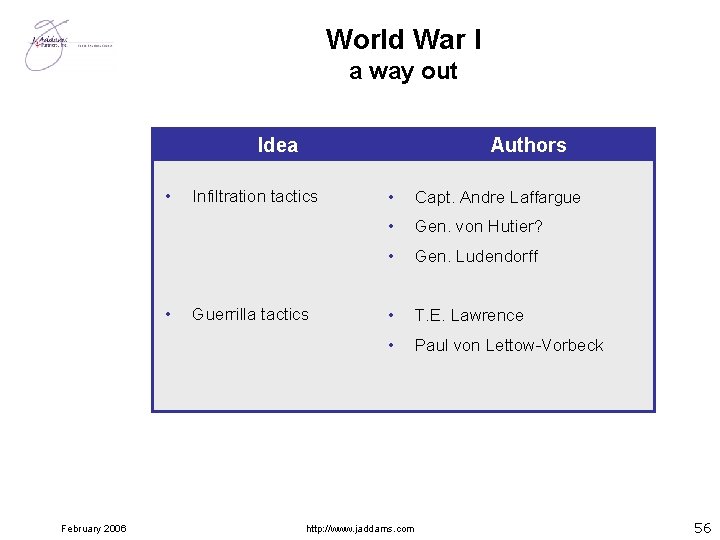 World War I a way out Idea • Authors Infiltration tactics • February 2006
