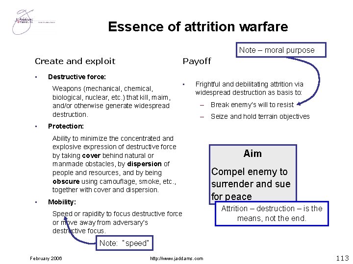 Essence of attrition warfare Note – moral purpose Create and exploit • Payoff Destructive