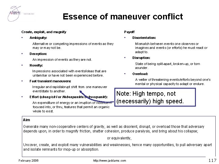 Essence of maneuver conflict Create, exploit, and magnify Payoff • • Ambiguity: Mismatch between