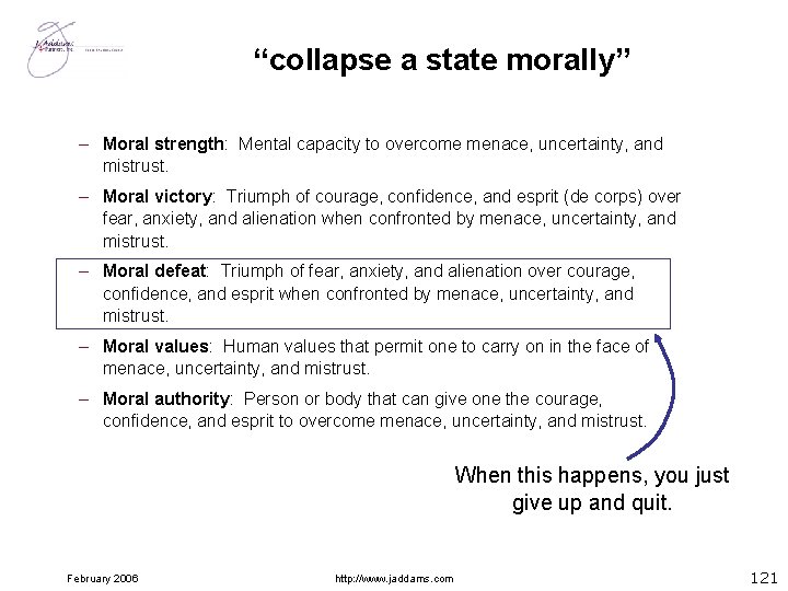 “collapse a state morally” – Moral strength: Mental capacity to overcome menace, uncertainty, and