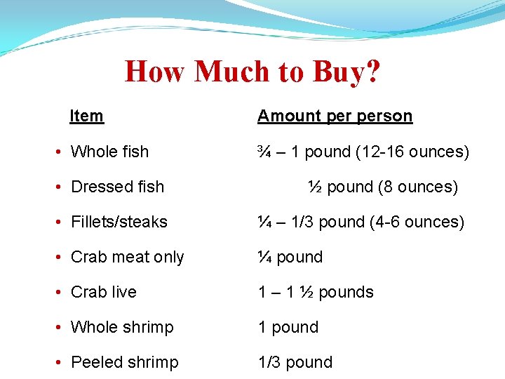 How Much to Buy? Item • Whole fish • Dressed fish Amount person ¾