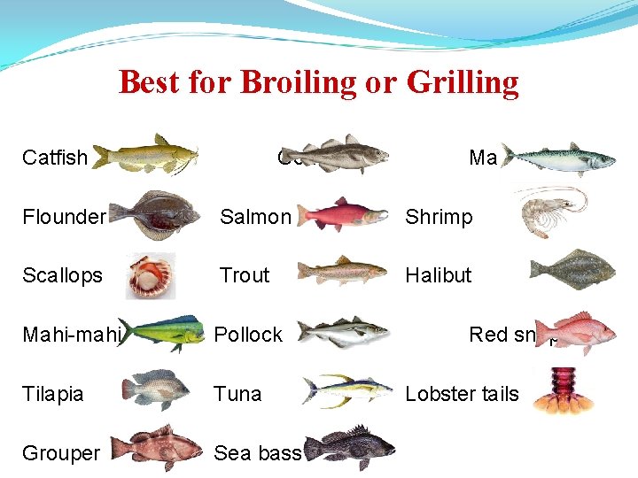 Best for Broiling or Grilling Catfish Cod Mackerel Flounder Salmon Shrimp Scallops Trout Halibut