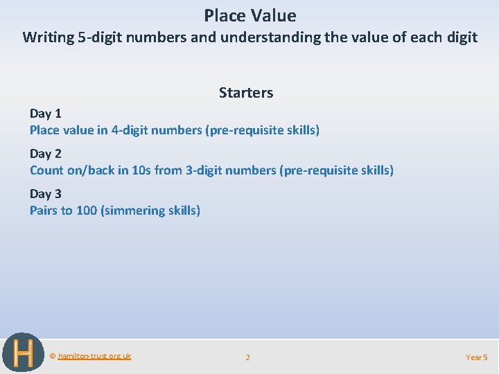 Place Value Writing 5 -digit numbers and understanding the value of each digit Starters