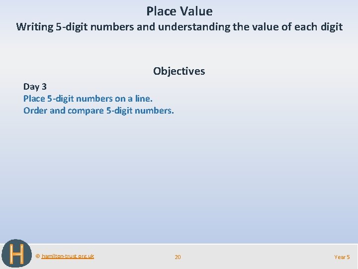 Place Value Writing 5 -digit numbers and understanding the value of each digit Objectives