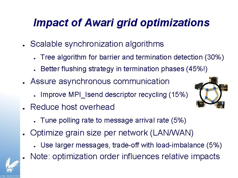 Impact of Awari grid optimizations ● ● Scalable synchronization algorithms ● Tree algorithm for