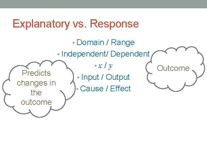 Explanatory vs. Response • Domain / Range • Independent/ Dependent Predicts changes in the