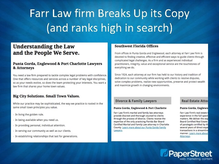 Farr Law firm Breaks Up its Copy (and ranks high in search) 